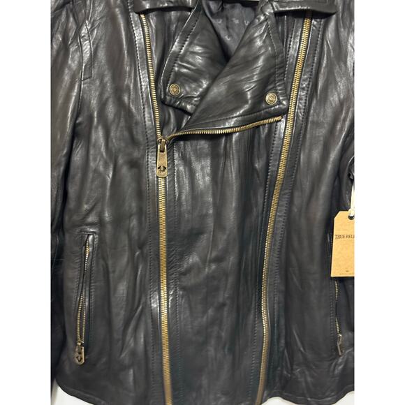 True Religion Black Genuine Lambskin Leather Double Zip Moto Jacket Rare Medium - Picture 2 of 13